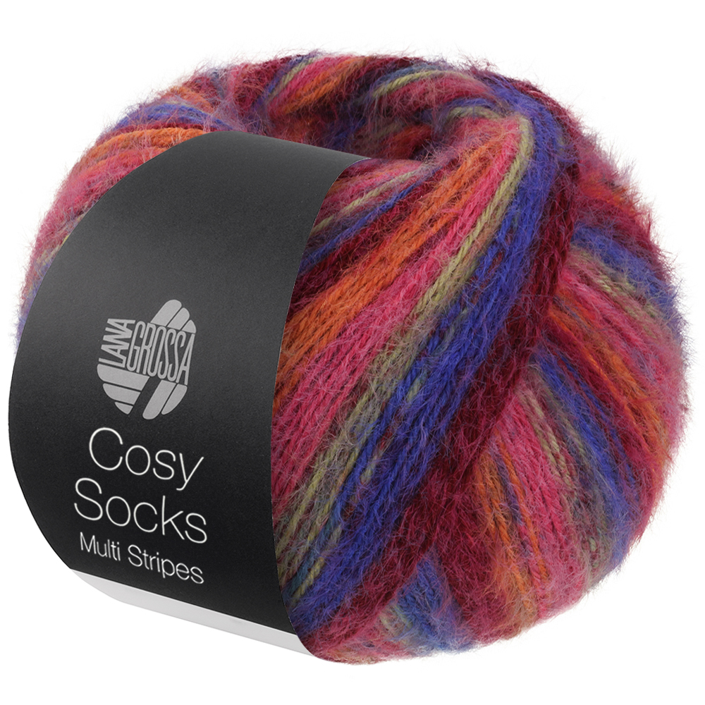 Lana Grossa Cosy Socks Multi Stripes 156 Blauviolett/Weinrot/Kürbis/Pink/Graugrün 100g