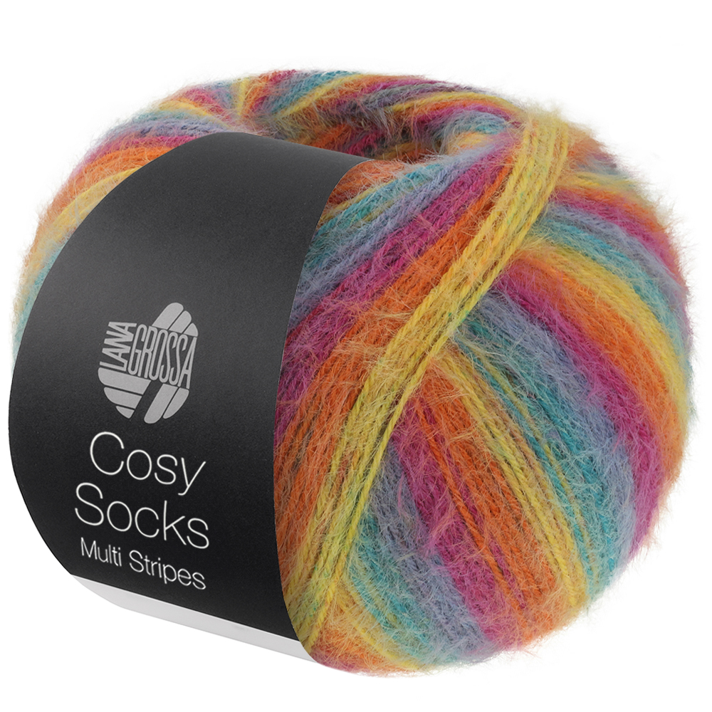 Lana Grossa Cosy Socks Multi Stripes 151 Petrol/Rauchblau/Fuchsia/Orange/Gelb 100g