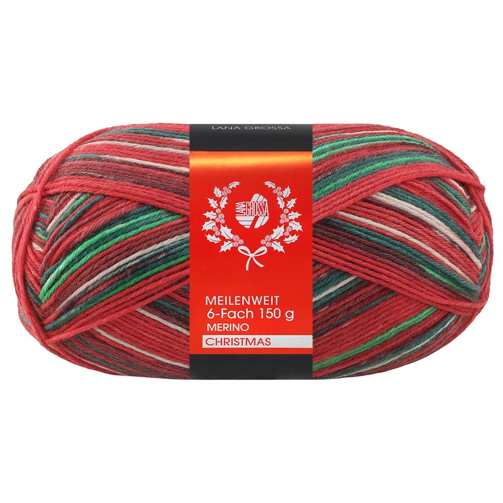 Lana Grossa Meilenweit 6-f 150 Merino Christmas 632 Grün/Dunkelrot/Rot/Weiß