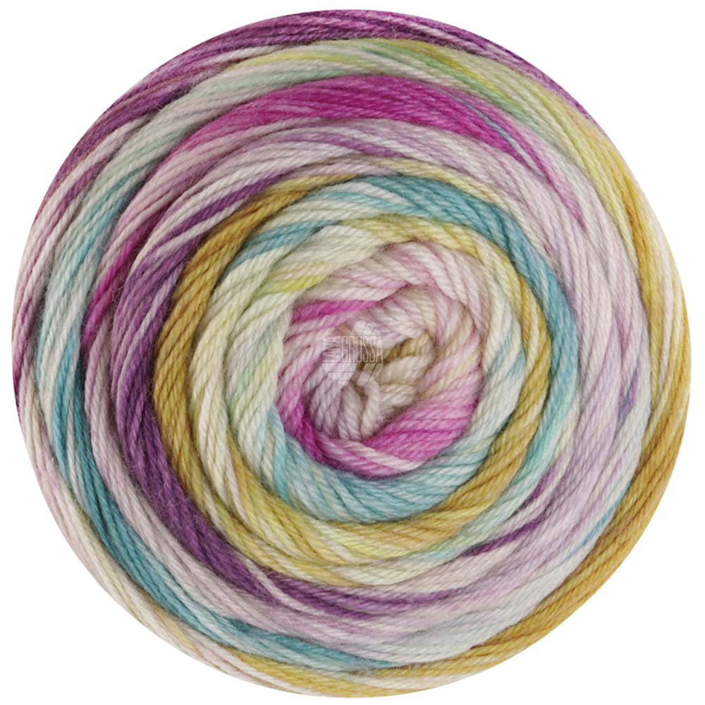 Lana Grossa Meilenweit 100 Dusk 6207 Dunkelviolett/Ecru/Gelb/Ockerbraun/Türkis/Seegrün/Orchidee